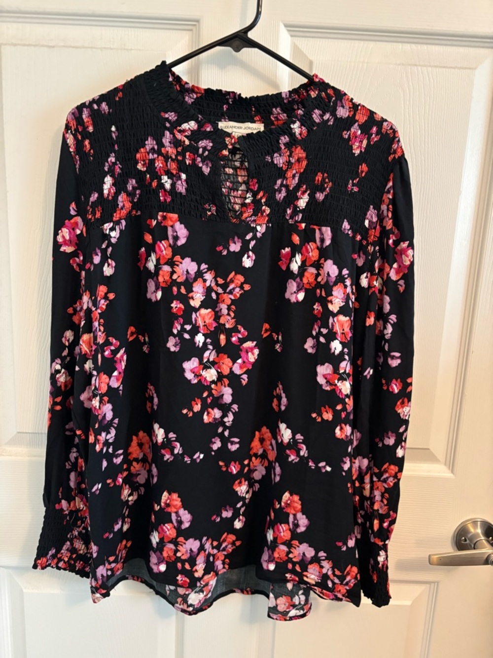 Floral Smocked Yoke Blouse in Black with Pink & Red Flowers
